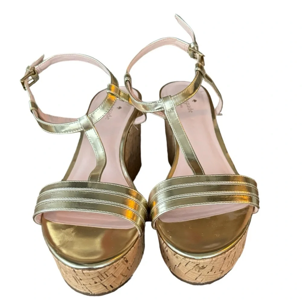 Kate Spade New York Tallinn Metallic Gold Cork Womens Buckle Strap Wedges Sz 10